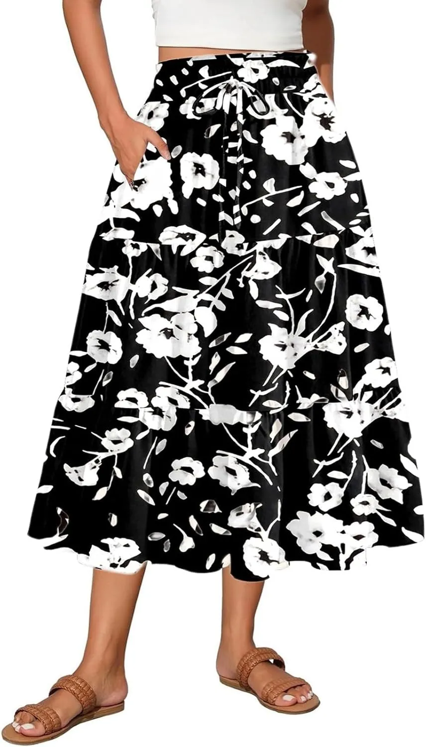 Summer Dresses for Women 2025 Vacation Boho Floral Tiered Maxi Skirt Dressy A Line Drawstring Flowy Ruffle Dresses