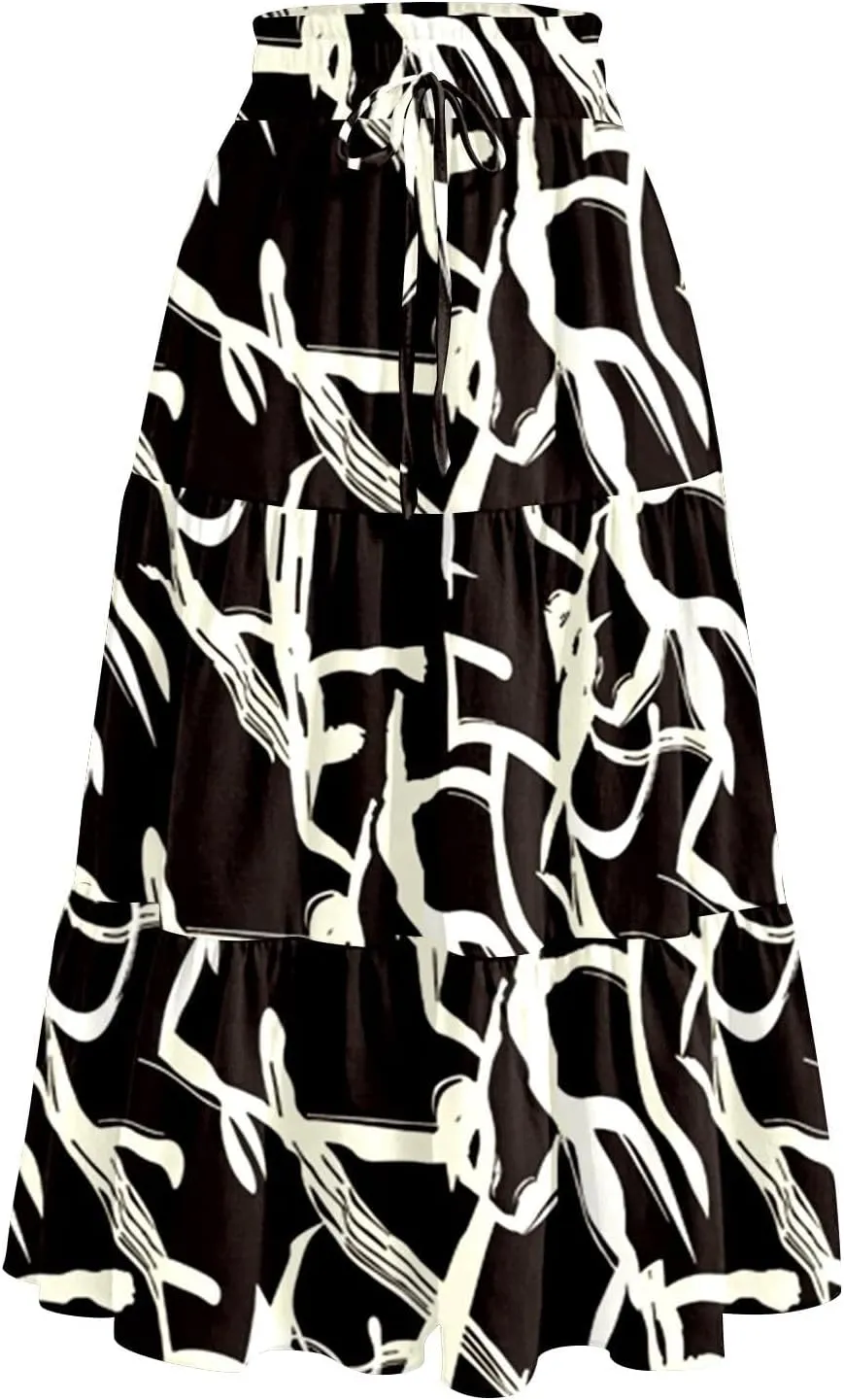 Summer Dresses for Women 2025 Vacation Boho Floral Tiered Maxi Skirt Dressy A Line Drawstring Flowy Ruffle Dresses