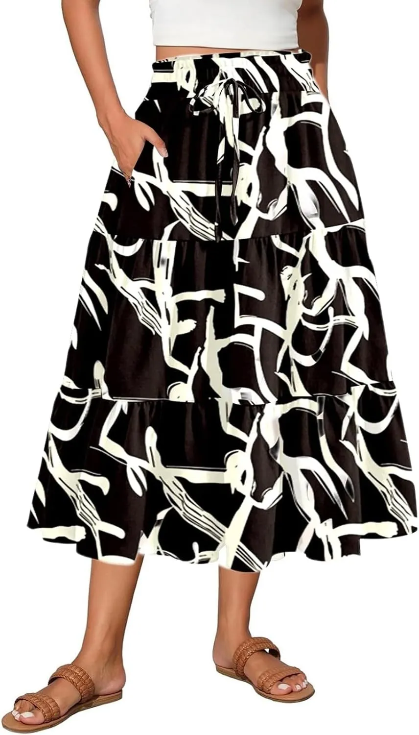 Summer Dresses for Women 2025 Vacation Boho Floral Tiered Maxi Skirt Dressy A Line Drawstring Flowy Ruffle Dresses