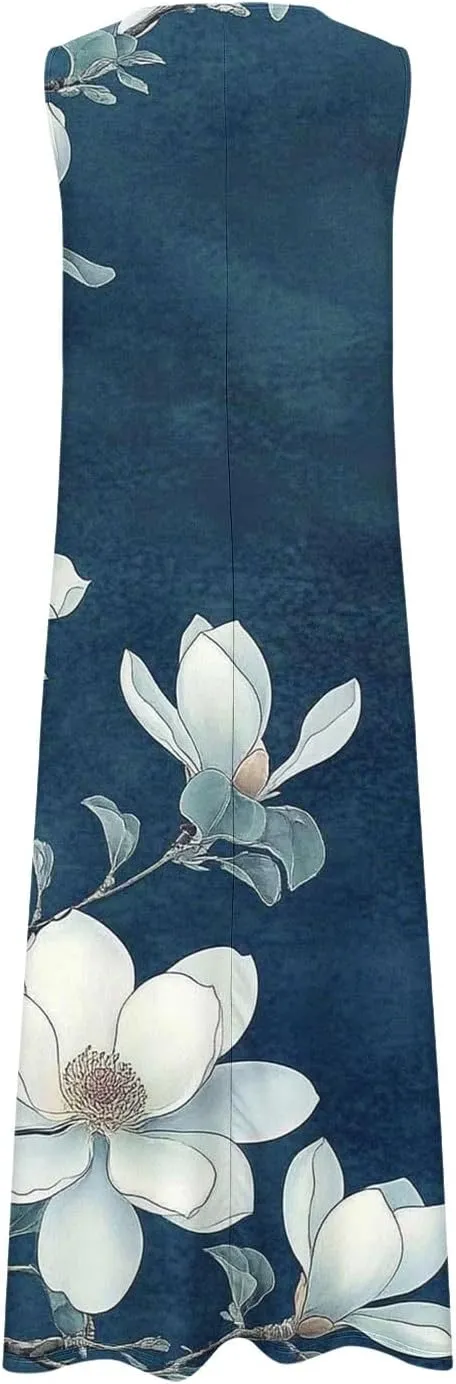 Summer Dresses for Women 2025 Vacation Crewneck Sleeveless Sundresses Casual Loose Flowy Floral Boho Beach Long Dress