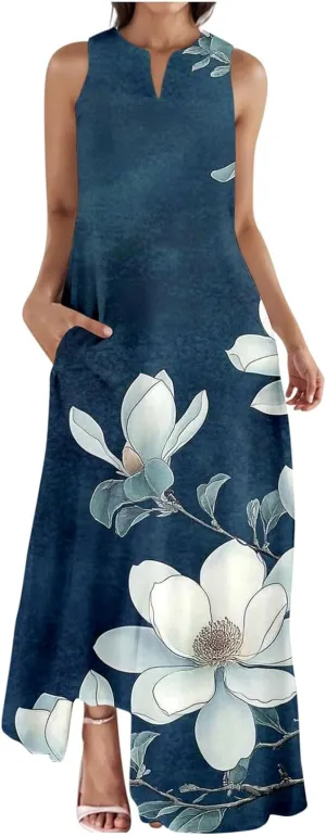 Summer Dresses for Women 2025 Vacation Crewneck Sleeveless Sundresses Casual Loose Flowy Floral Boho Beach Long Dress