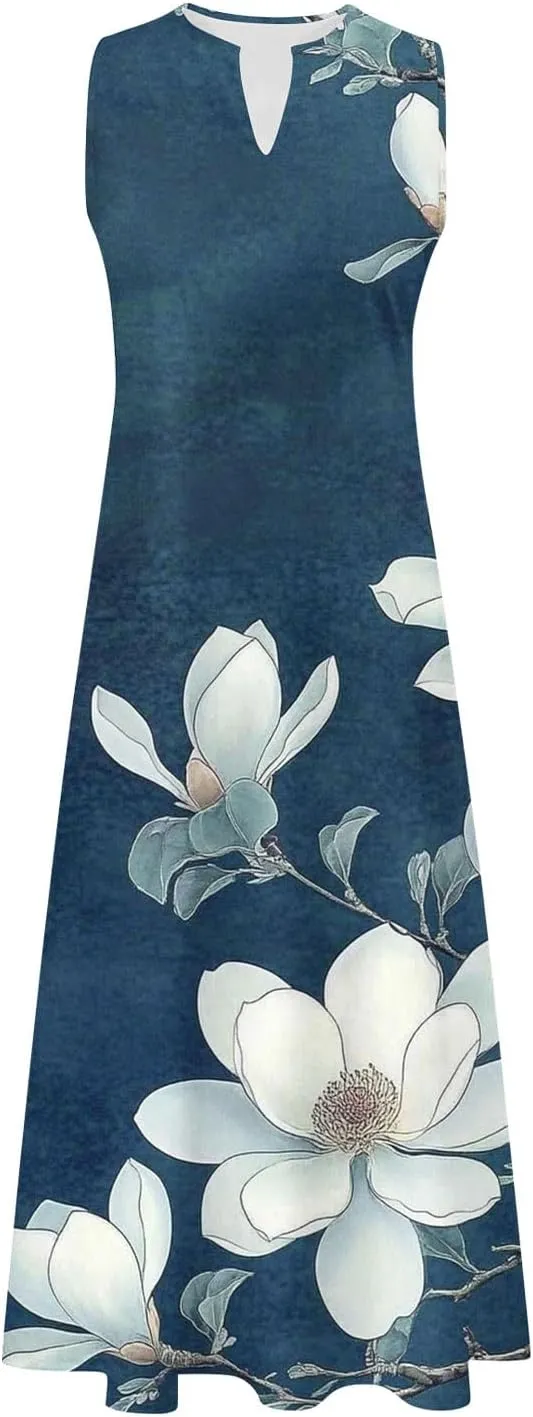 Summer Dresses for Women 2025 Vacation Crewneck Sleeveless Sundresses Casual Loose Flowy Floral Boho Beach Long Dress