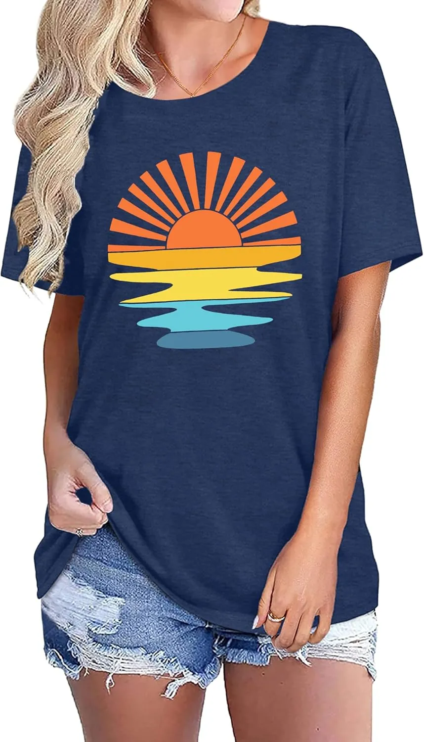 Summer T Shirt for Women Wave Coconut Tree Graphic Short Sleeve Casual Vacation Trip Tee Top