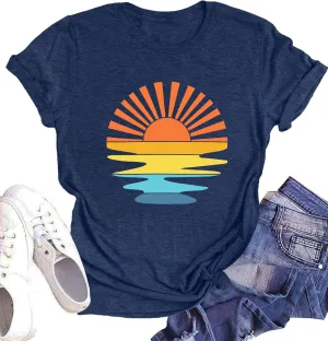Summer T Shirt for Women Wave Coconut Tree Graphic Short Sleeve Casual Vacation Trip Tee Top