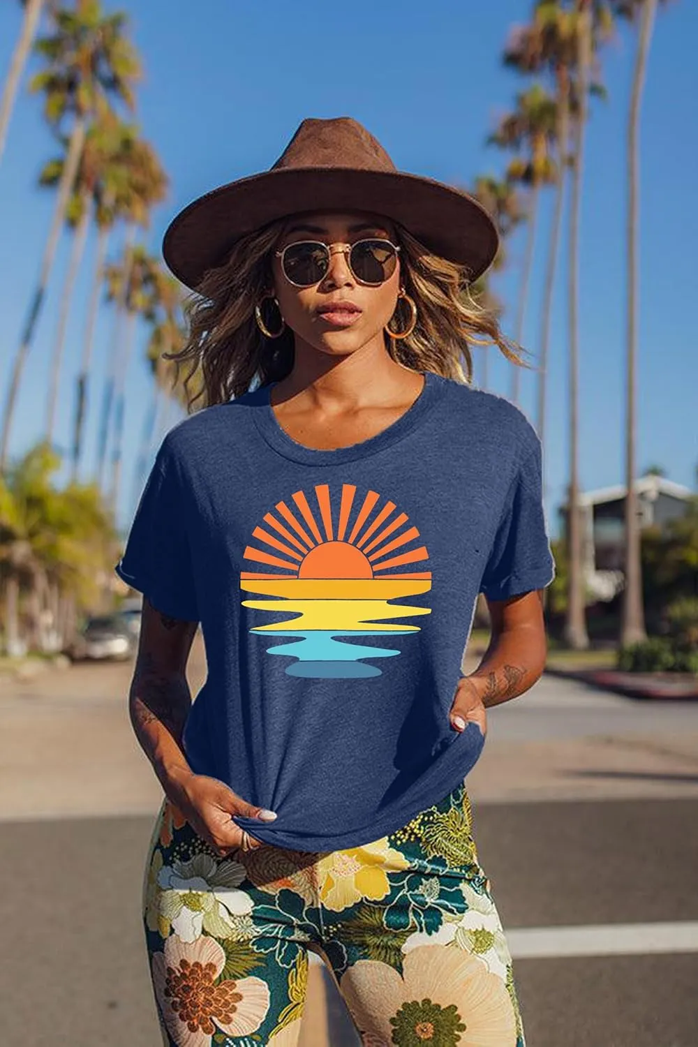 Summer T Shirt for Women Wave Coconut Tree Graphic Short Sleeve Casual Vacation Trip Tee Top
