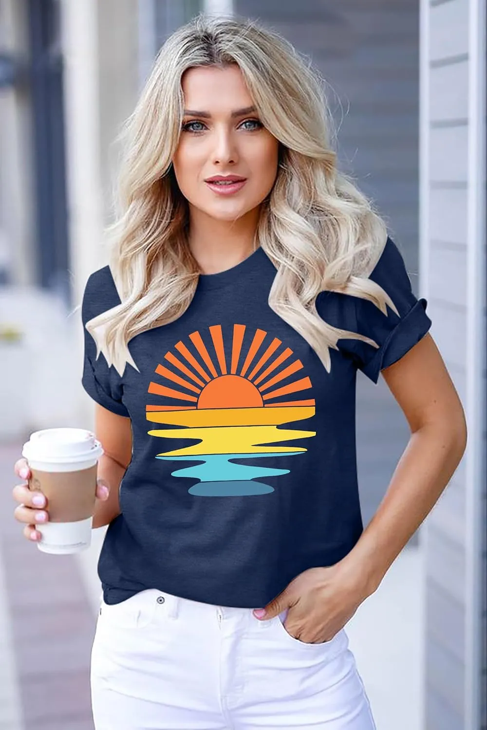 Summer T Shirt for Women Wave Coconut Tree Graphic Short Sleeve Casual Vacation Trip Tee Top
