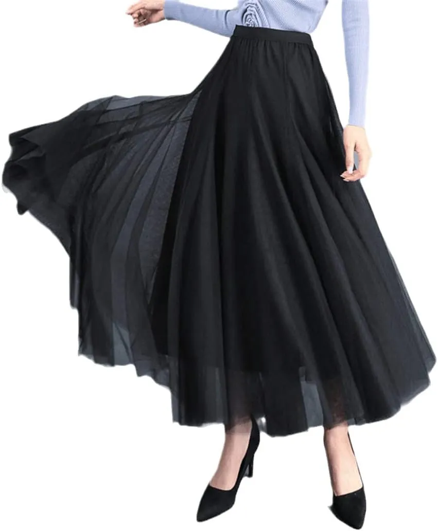 Summer Tulle Skirts, Womens Midi Pleated Skirts, Black Tulle Skirt, Spring Elastic High Waist Mesh Tutu Skirts