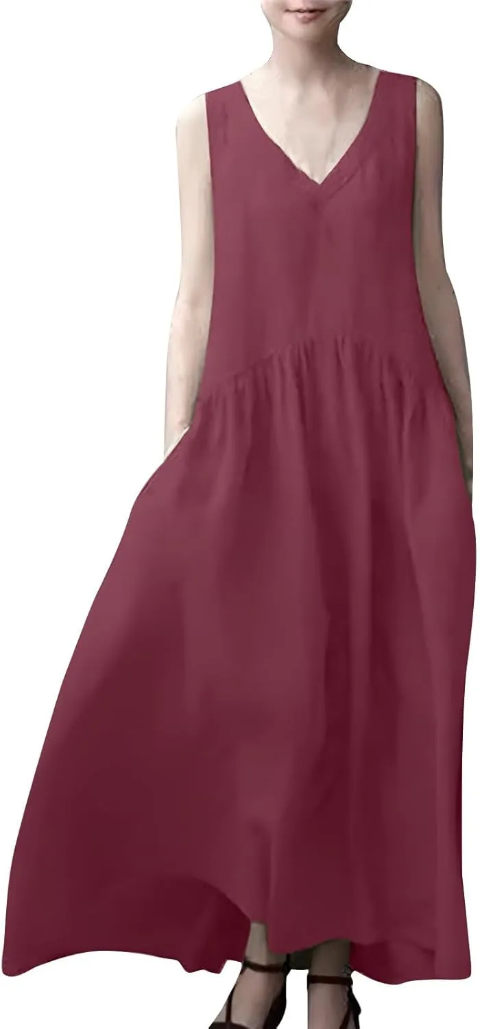 Sundresses for Women 2025 Summer Trendy V Neck Sleeveless Tank Dress Full Length Casual Long Maxi Linen Dress