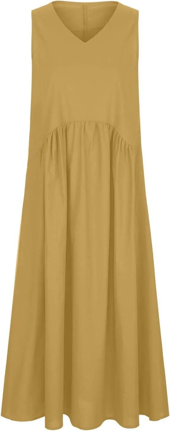 Sundresses for Women 2025 Summer Trendy V Neck Sleeveless Tank Dress Full Length Casual Long Maxi Linen Dress