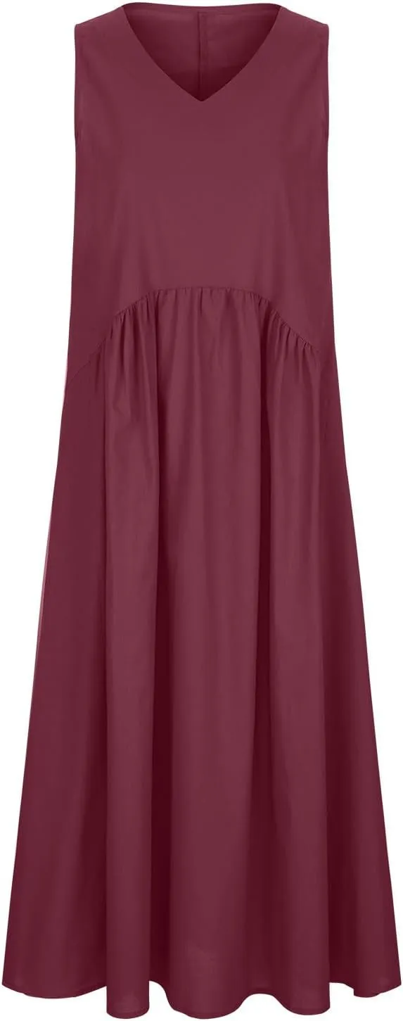 Sundresses for Women 2025 Summer Trendy V Neck Sleeveless Tank Dress Full Length Casual Long Maxi Linen Dress