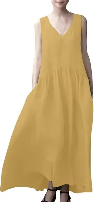 Sundresses for Women 2025 Summer Trendy V Neck Sleeveless Tank Dress Full Length Casual Long Maxi Linen Dress