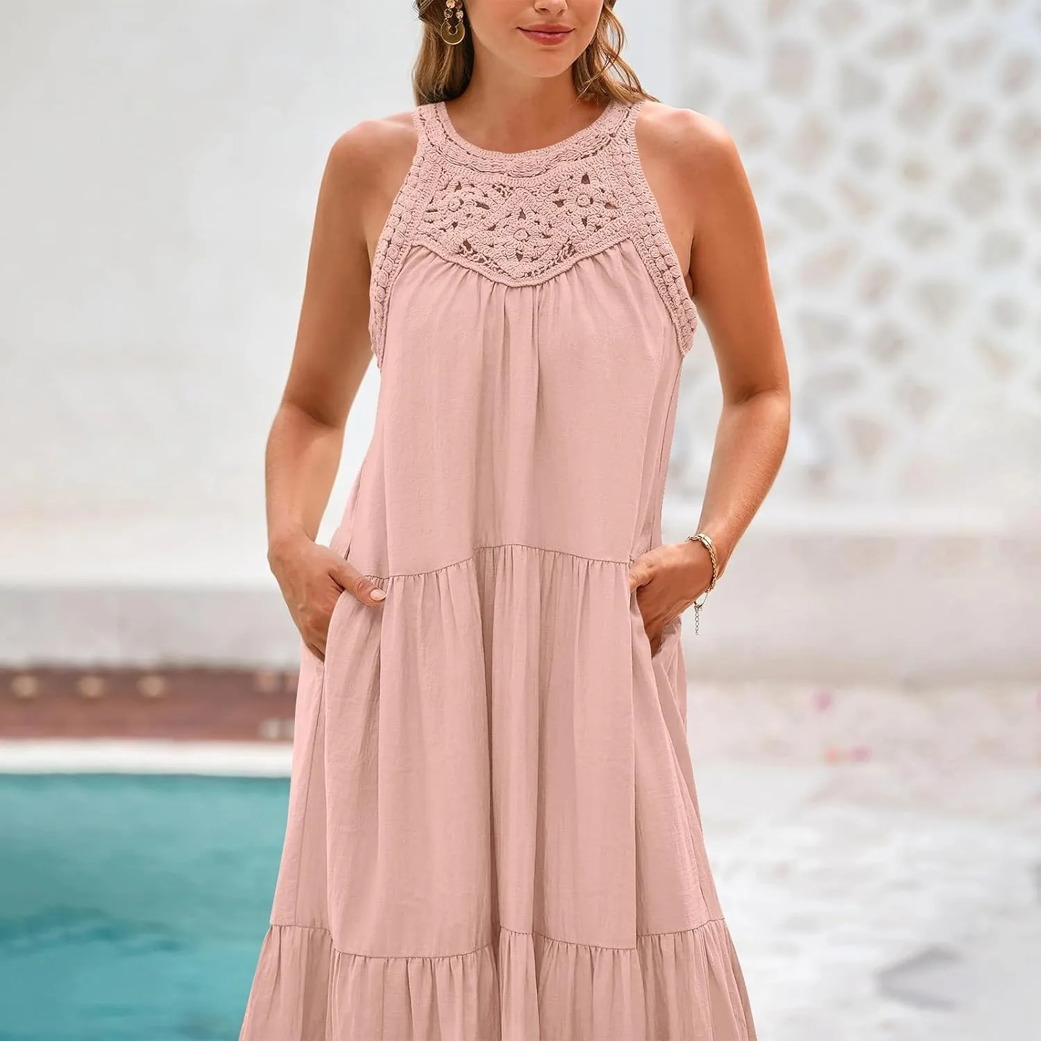 Sundresses for Women 2025 Vacation Boho Sleeveless Maxi Dresses Casual Loose Embroidered Summer Long Dress