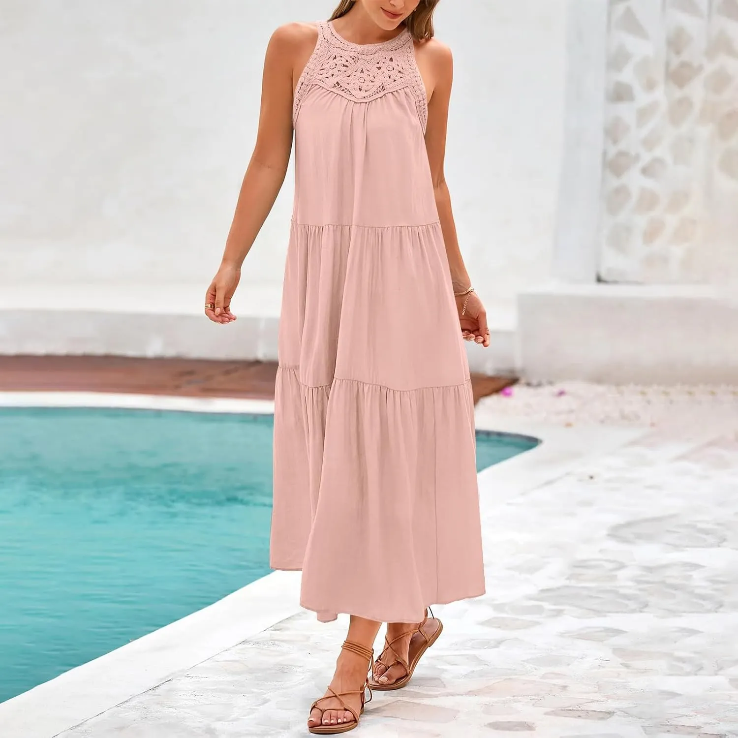 Sundresses for Women 2025 Vacation Boho Sleeveless Maxi Dresses Casual Loose Embroidered Summer Long Dress
