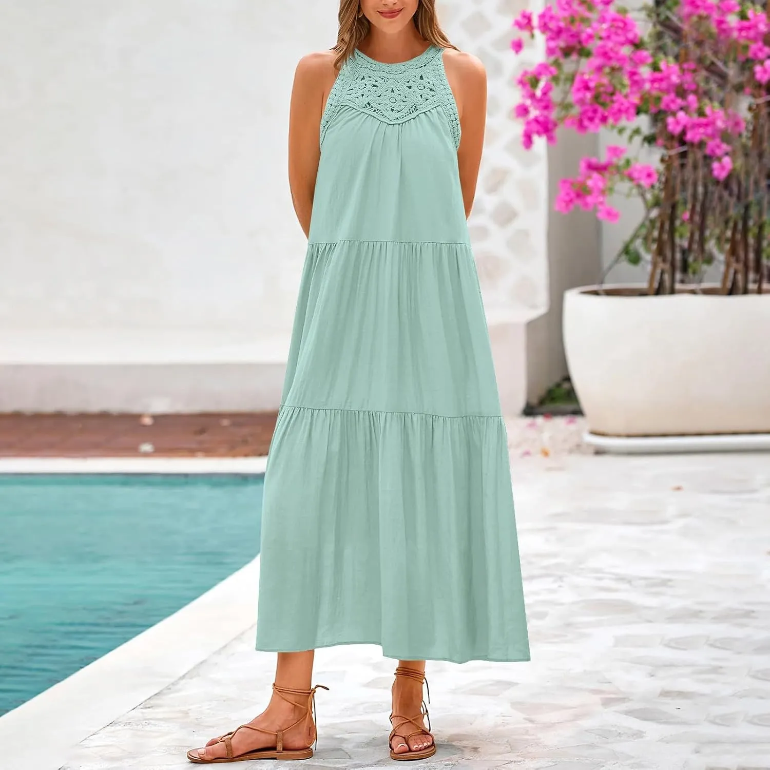 Sundresses for Women 2025 Vacation Boho Sleeveless Maxi Dresses Casual Loose Embroidered Summer Long Dress