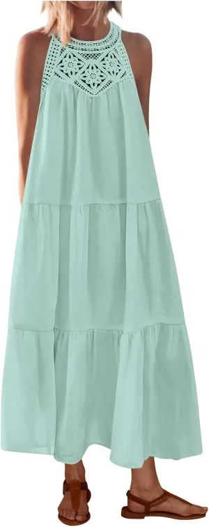Sundresses for Women 2025 Vacation Boho Sleeveless Maxi Dresses Casual Loose Embroidered Summer Long Dress