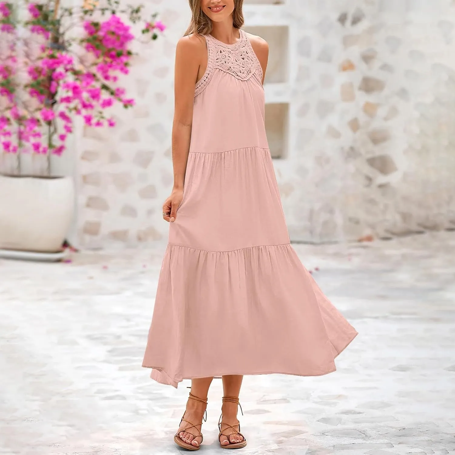 Sundresses for Women 2025 Vacation Boho Sleeveless Maxi Dresses Casual Loose Embroidered Summer Long Dress