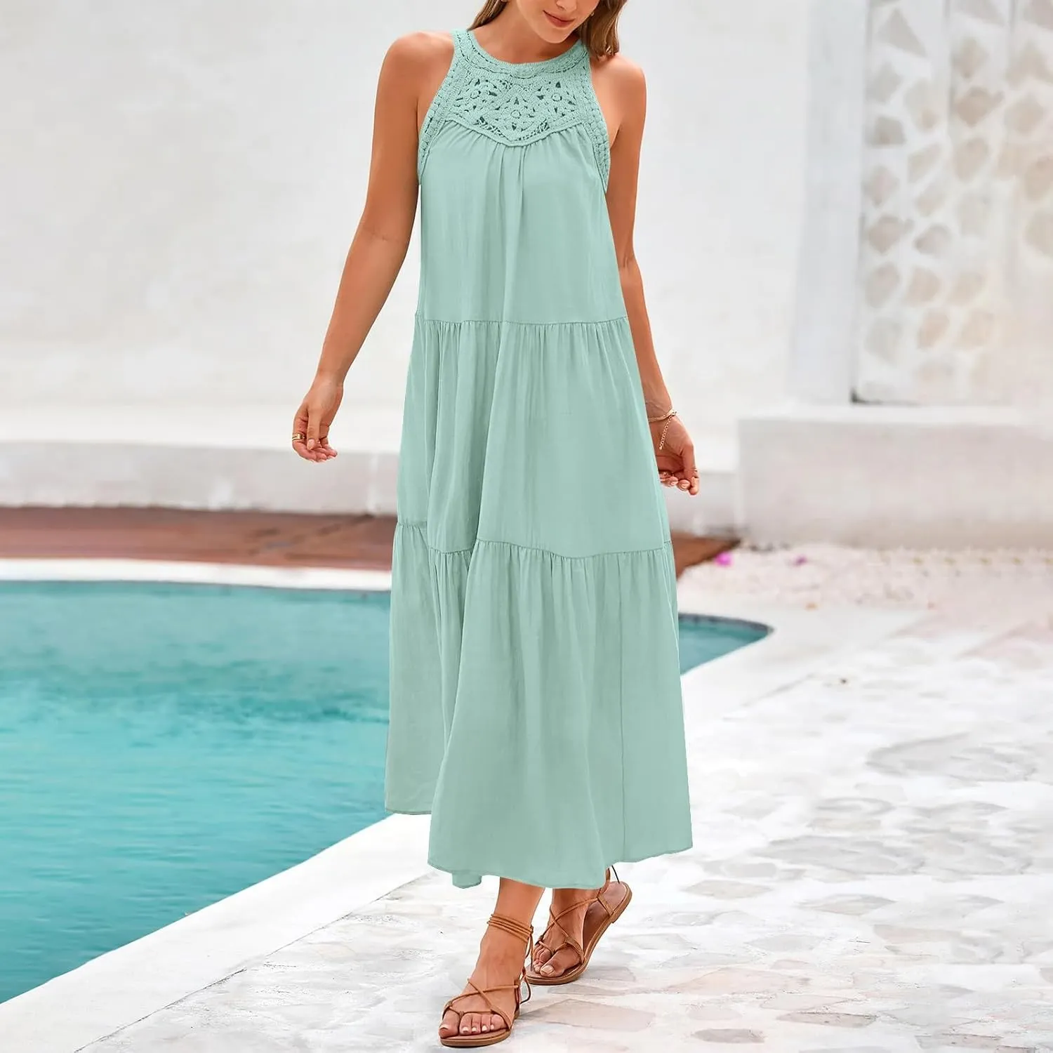 Sundresses for Women 2025 Vacation Boho Sleeveless Maxi Dresses Casual Loose Embroidered Summer Long Dress