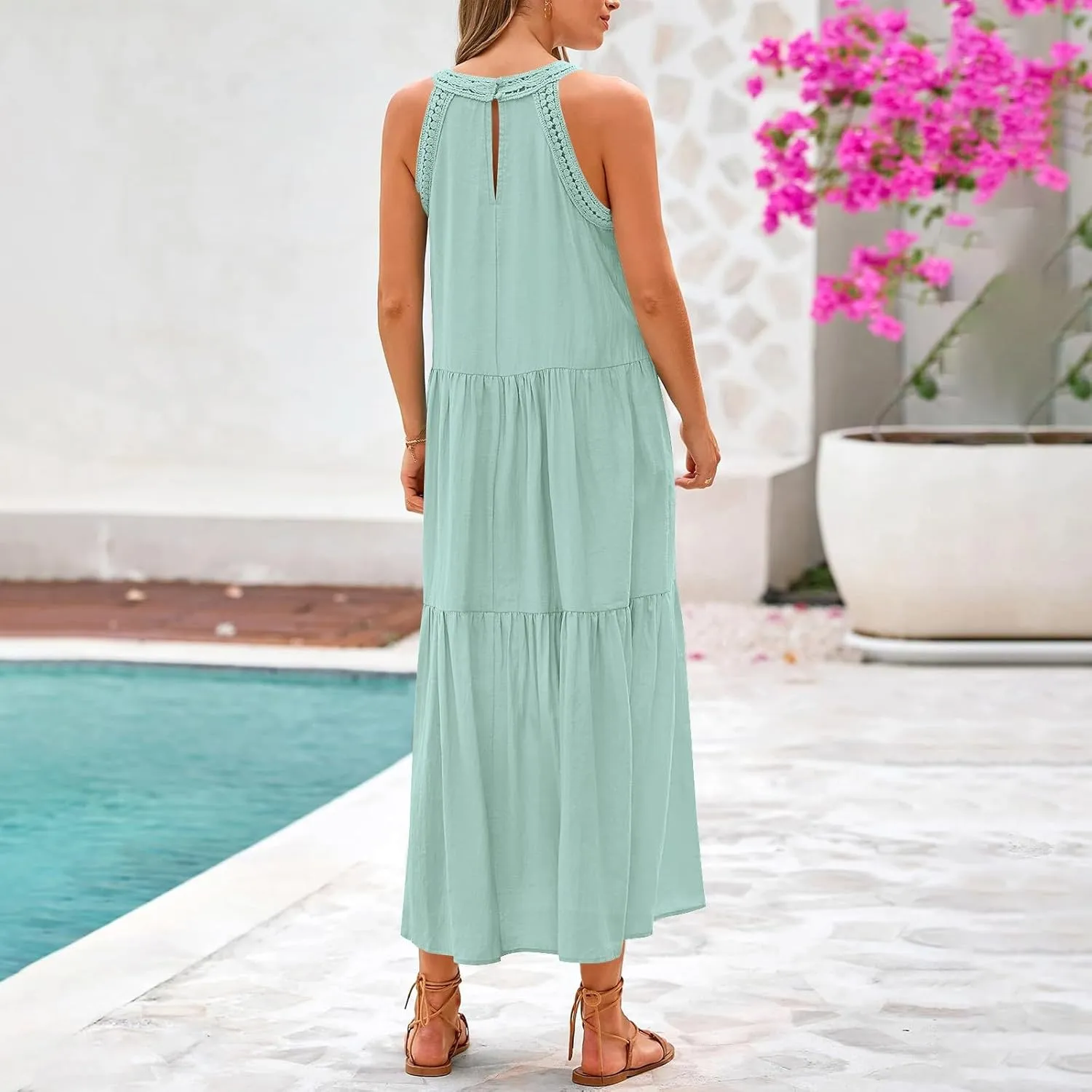 Sundresses for Women 2025 Vacation Boho Sleeveless Maxi Dresses Casual Loose Embroidered Summer Long Dress