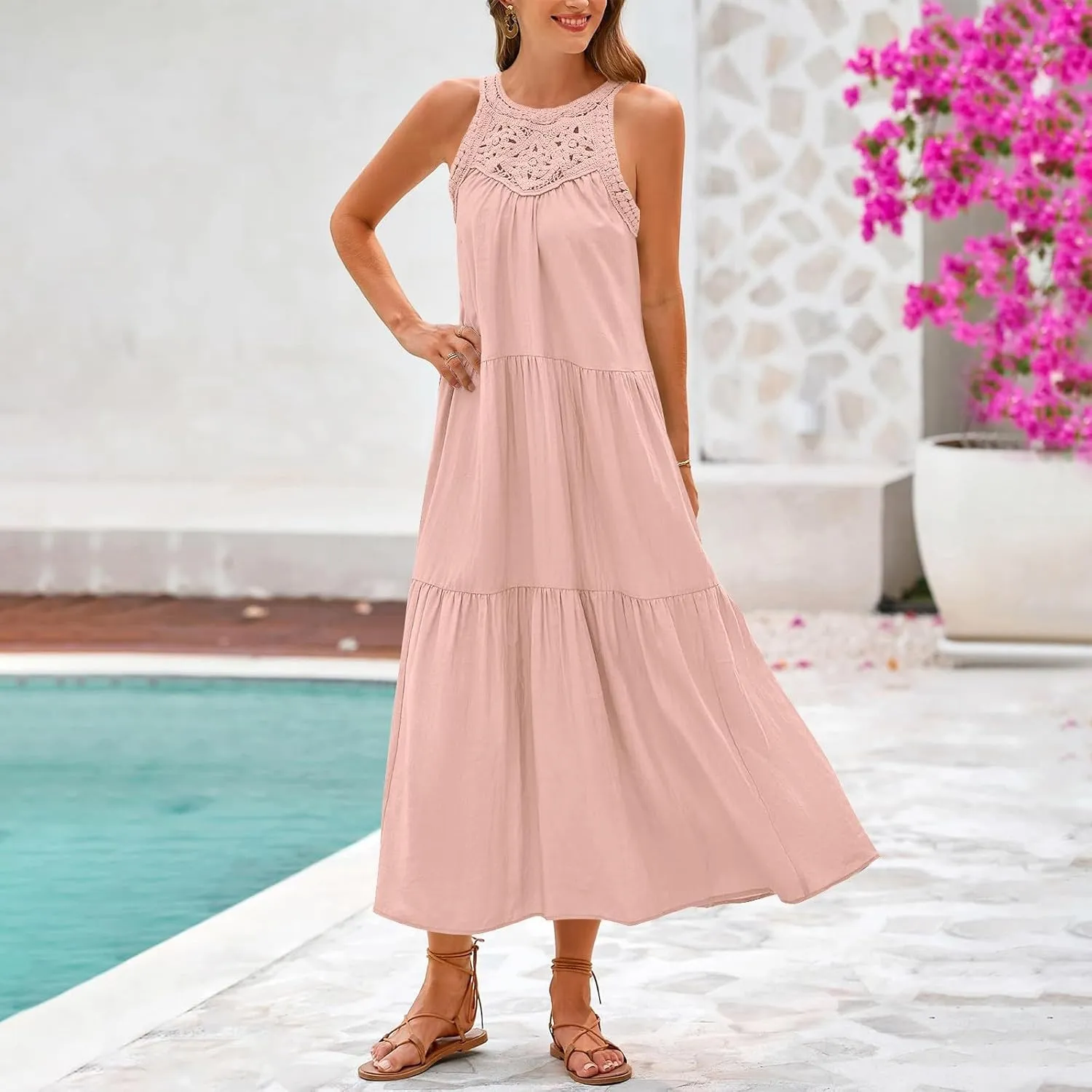 Sundresses for Women 2025 Vacation Boho Sleeveless Maxi Dresses Casual Loose Embroidered Summer Long Dress