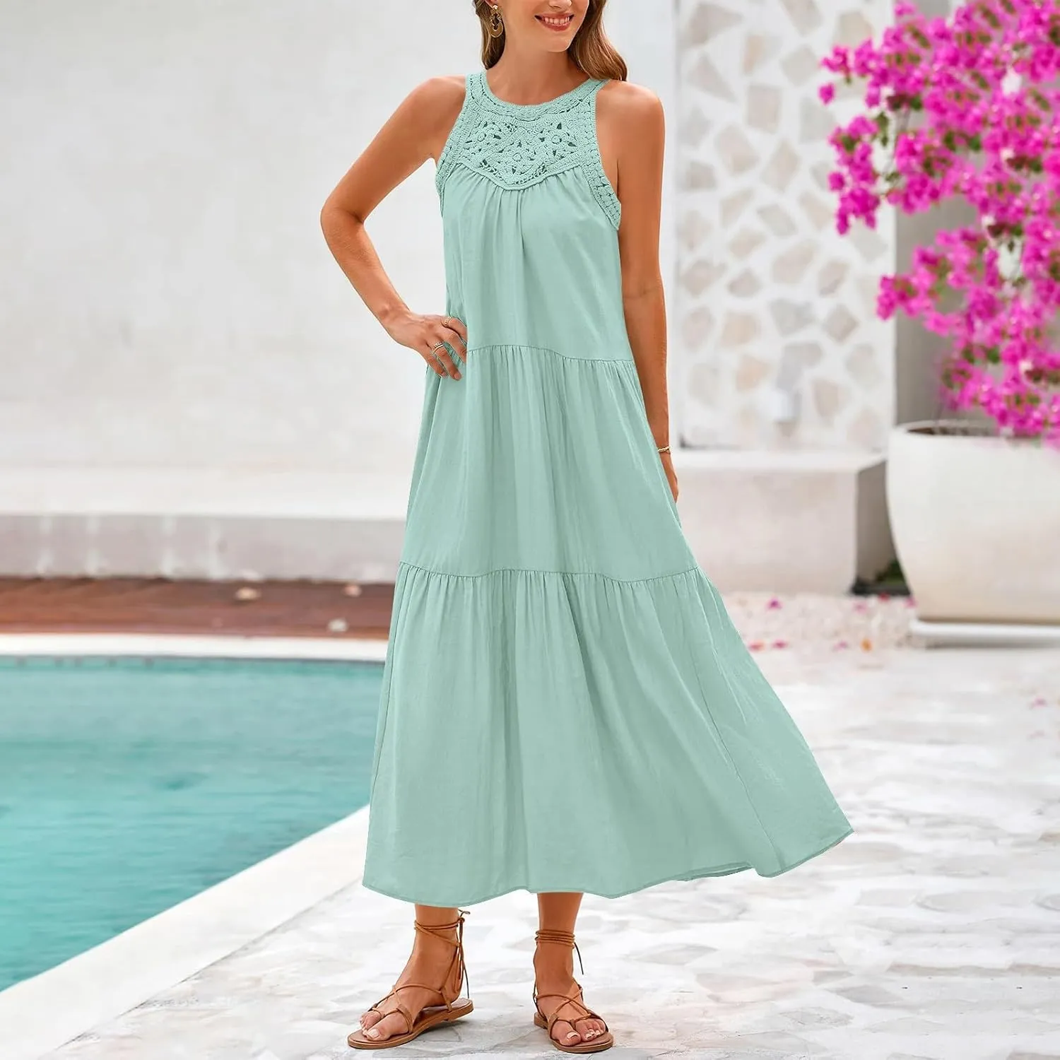 Sundresses for Women 2025 Vacation Boho Sleeveless Maxi Dresses Casual Loose Embroidered Summer Long Dress