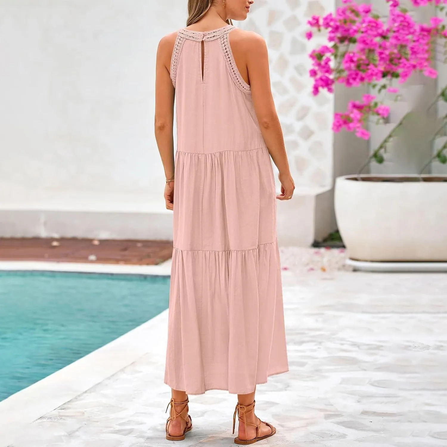 Sundresses for Women 2025 Vacation Boho Sleeveless Maxi Dresses Casual Loose Embroidered Summer Long Dress