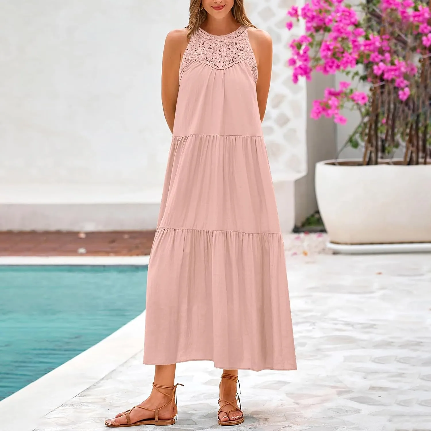 Sundresses for Women 2025 Vacation Boho Sleeveless Maxi Dresses Casual Loose Embroidered Summer Long Dress