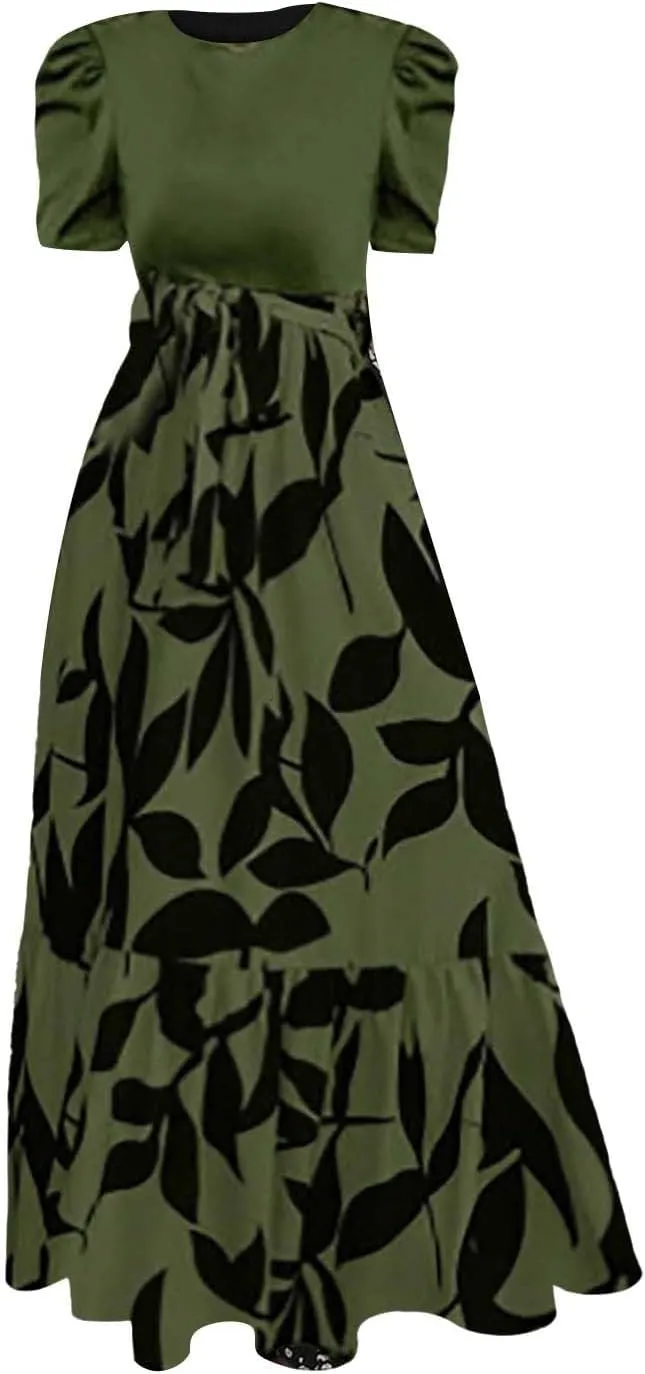 Sundresses for Women 2025 Vacation Short Sleeve Crew Neck Floral Midi Dress Womens Ruffle Maxi Dress with Belt