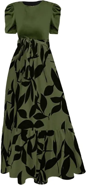 Sundresses for Women 2025 Vacation Short Sleeve Crew Neck Floral Midi Dress Womens Ruffle Maxi Dress with Belt