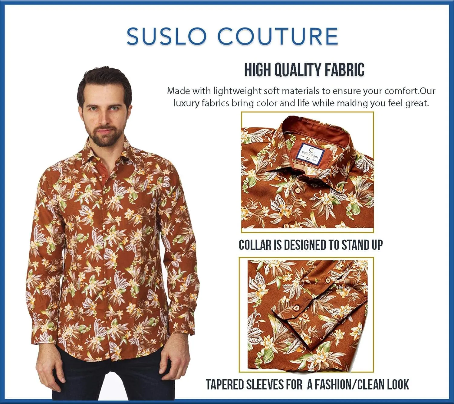 Suslo Couture Men's Slim-fit Floral Long Sleeve Casual Button Down Shirt