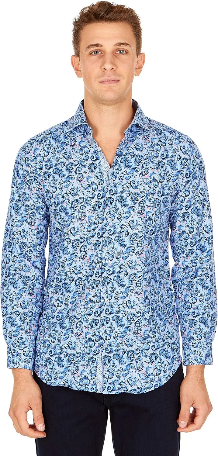 Suslo Couture Men's Slim-fit Floral Long Sleeve Casual Button Down Shirt