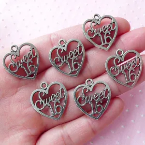 Sweet 16 Charms Heart Tag Charm (6pcs / 19mm x 21mm / Tibetan Silver) Sweet Sixteen Word Message Charm Favor Charm Gift Decoration CHM1778