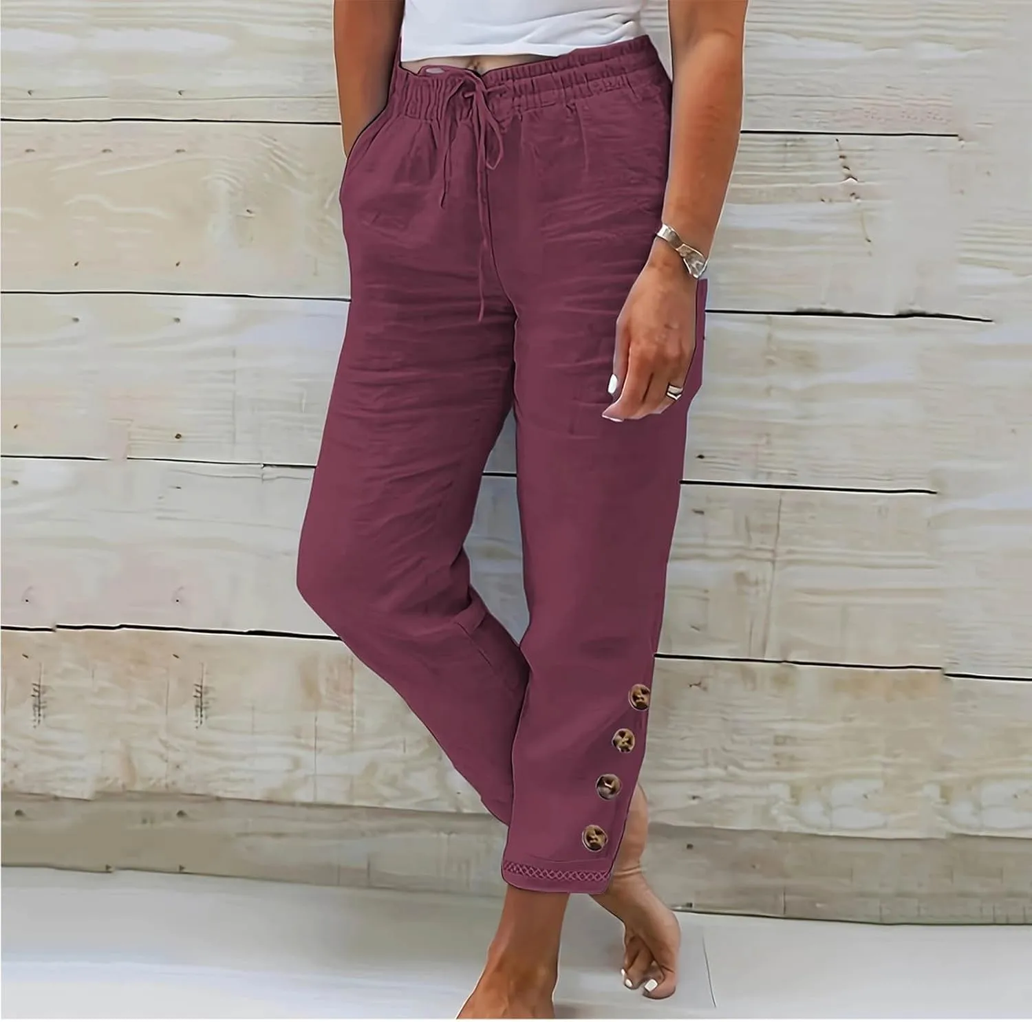 TANGNADE Women's Summer Casual Linen Pants Elastic Waist Relaxed Fit Drawstring Leg Crop Pants Beach Trousers with Pockets