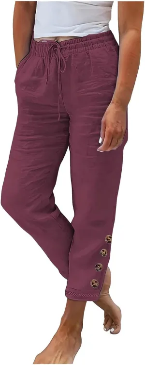 TANGNADE Women's Summer Casual Linen Pants Elastic Waist Relaxed Fit Drawstring Leg Crop Pants Beach Trousers with Pockets