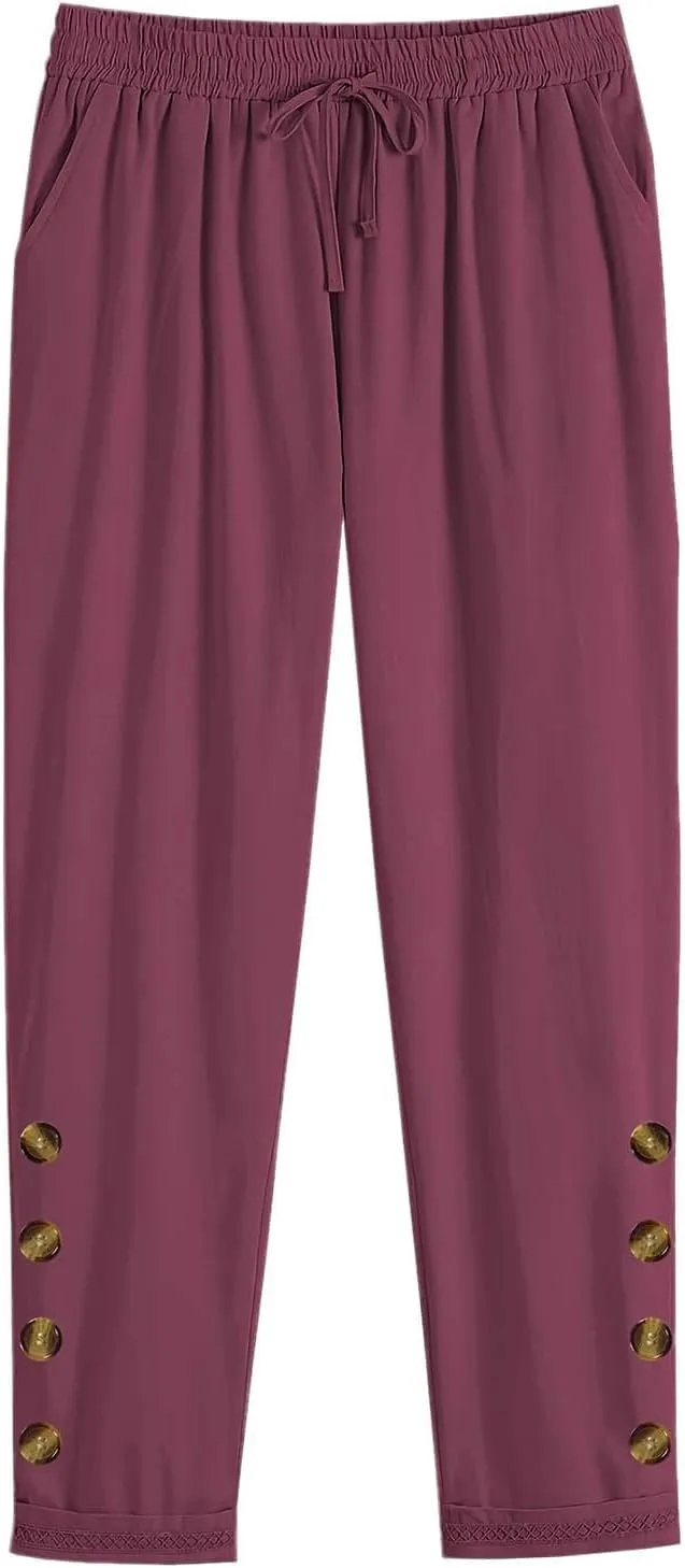 TANGNADE Women's Summer Casual Linen Pants Elastic Waist Relaxed Fit Drawstring Leg Crop Pants Beach Trousers with Pockets