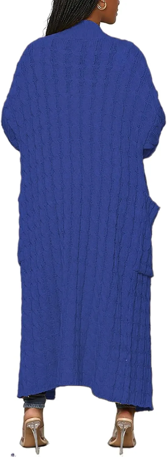 Tcremisa Long Cable Knit Cardigans for Women Chunky Open Front Maxi Sweater Coat Loose Dual Pocket Winter Outwear