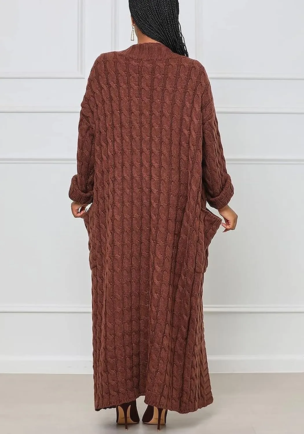 Tcremisa Long Cable Knit Cardigans for Women Chunky Open Front Maxi Sweater Coat Loose Dual Pocket Winter Outwear
