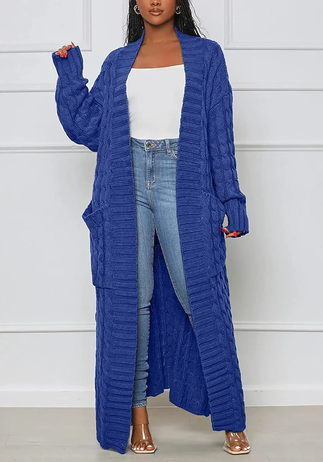 Tcremisa Long Cable Knit Cardigans for Women Chunky Open Front Maxi Sweater Coat Loose Dual Pocket Winter Outwear