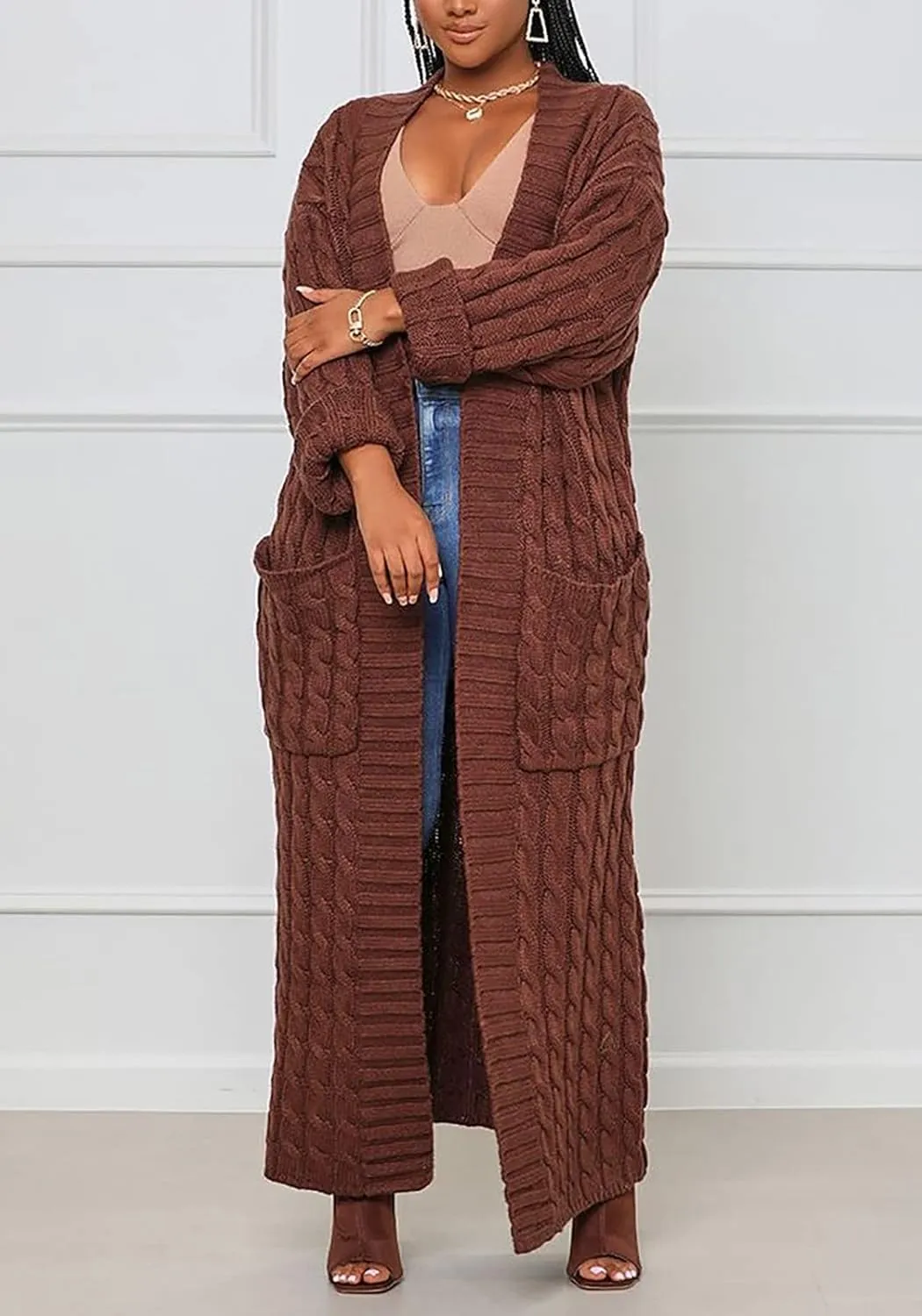 Tcremisa Long Cable Knit Cardigans for Women Chunky Open Front Maxi Sweater Coat Loose Dual Pocket Winter Outwear