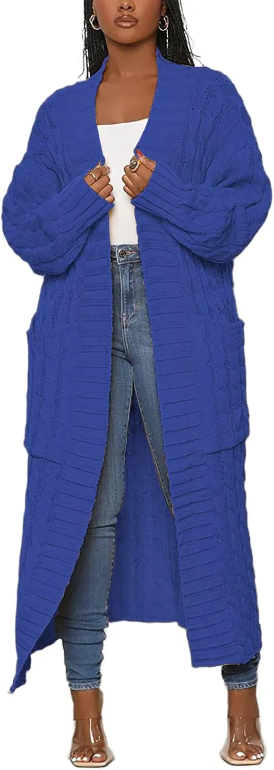 Tcremisa Long Cable Knit Cardigans for Women Chunky Open Front Maxi Sweater Coat Loose Dual Pocket Winter Outwear