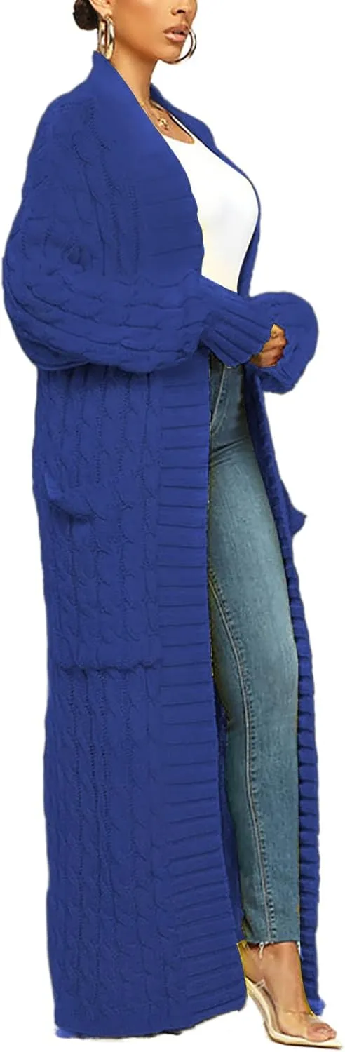 Tcremisa Long Cable Knit Cardigans for Women Chunky Open Front Maxi Sweater Coat Loose Dual Pocket Winter Outwear