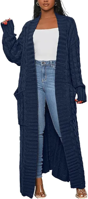 Tcremisa Long Cable Knit Cardigans for Women Chunky Open Front Maxi Sweater Coat Loose Dual Pocket Winter Outwear
