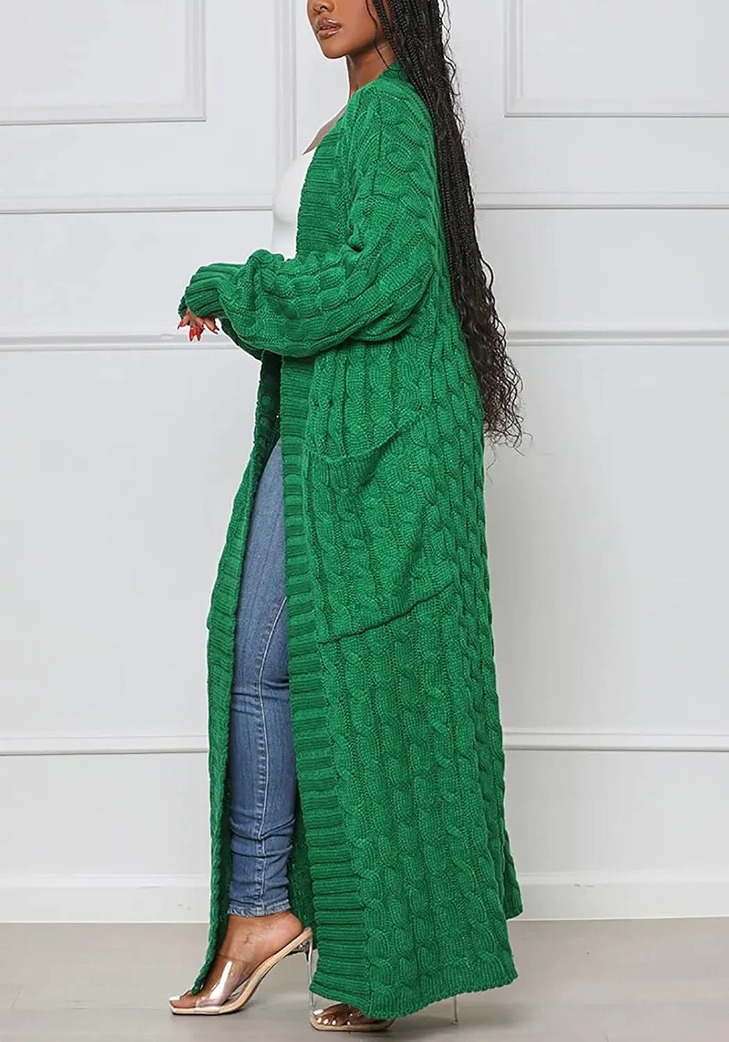 Tcremisa Long Cable Knit Cardigans for Women Chunky Open Front Maxi Sweater Coat Loose Dual Pocket Winter Outwear