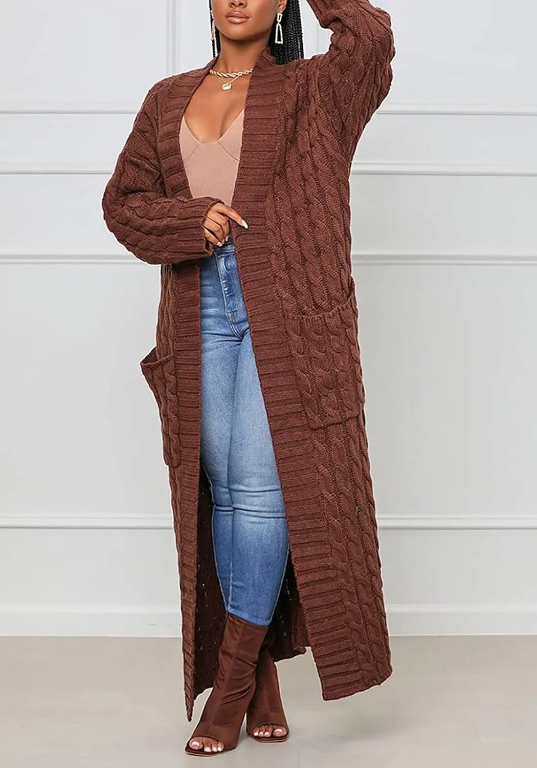 Tcremisa Long Cable Knit Cardigans for Women Chunky Open Front Maxi Sweater Coat Loose Dual Pocket Winter Outwear