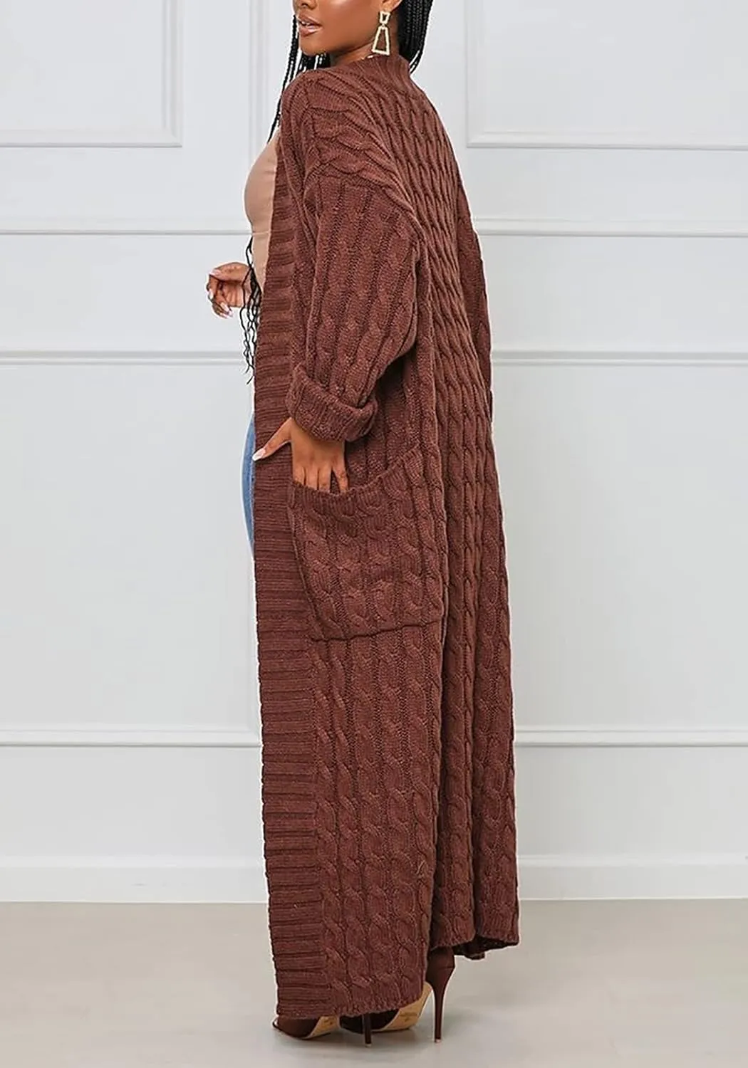Tcremisa Long Cable Knit Cardigans for Women Chunky Open Front Maxi Sweater Coat Loose Dual Pocket Winter Outwear