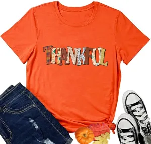 Thanksgiving Shirts for Women Fall Casual Short Sleeve Thankful Tee Tops