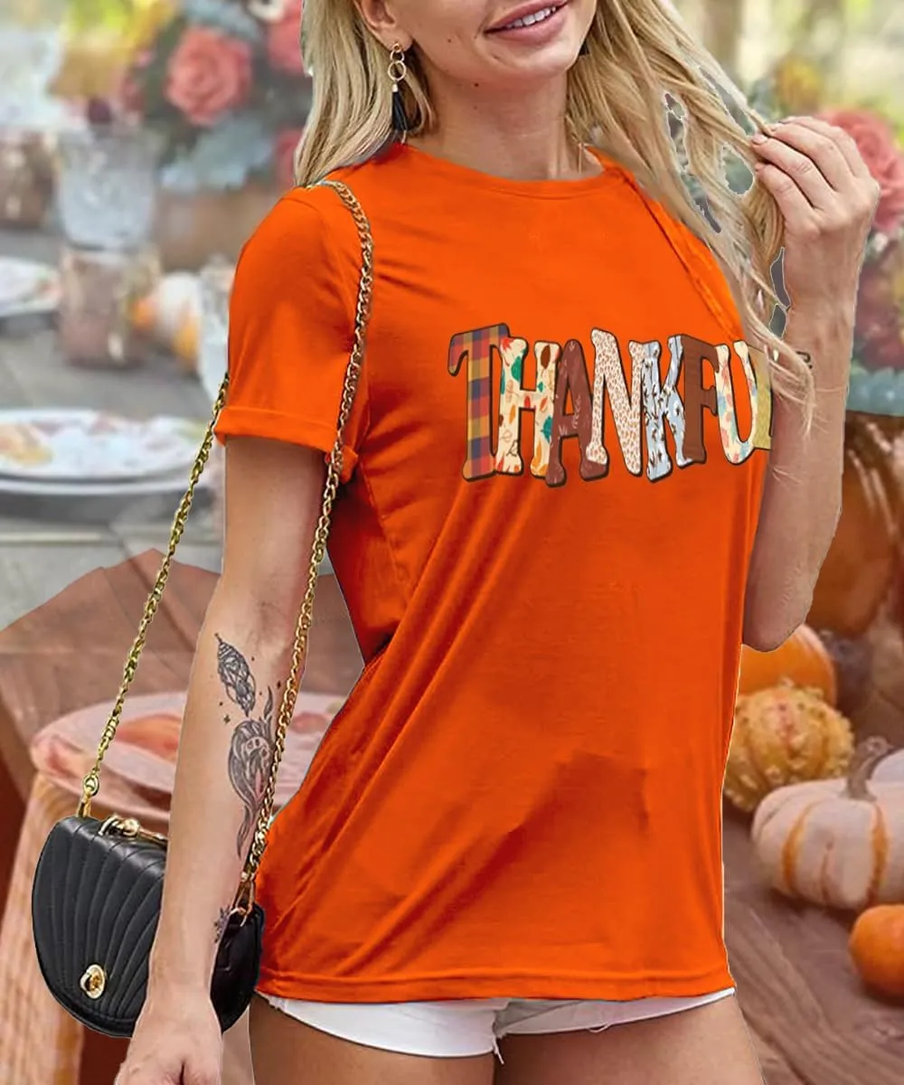 Thanksgiving Shirts for Women Fall Casual Short Sleeve Thankful Tee Tops