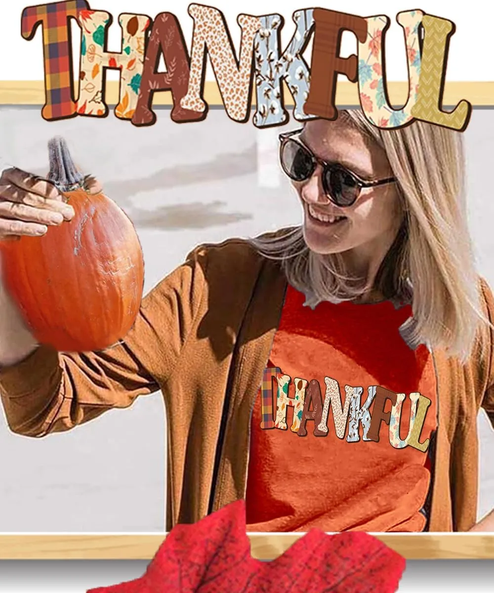 Thanksgiving Shirts for Women Fall Casual Short Sleeve Thankful Tee Tops