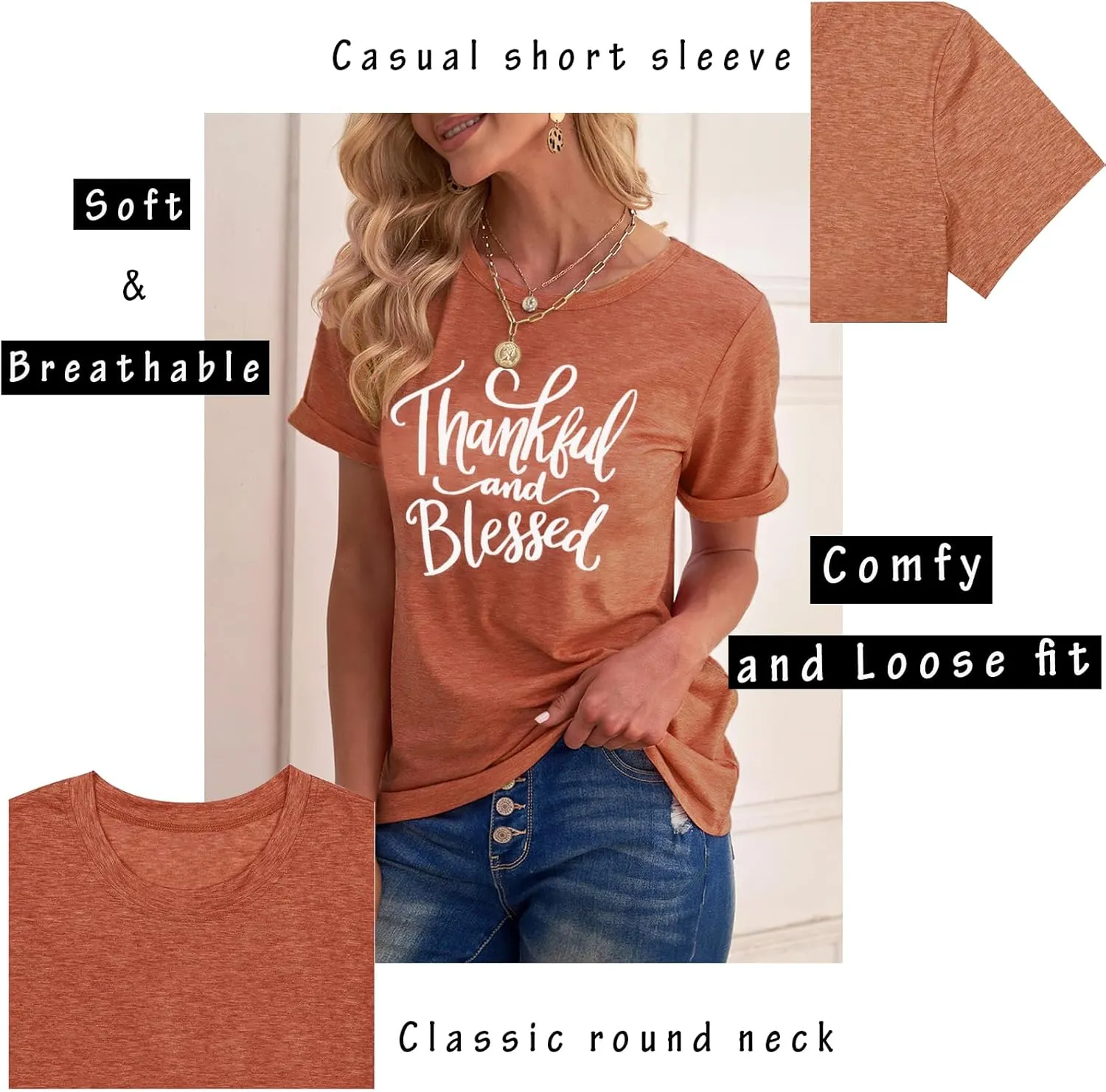 Thanksgiving Shirts for Women Thankful and Blessed Tshirt Fall Graphic Tees Casual Short Sleeve Tops