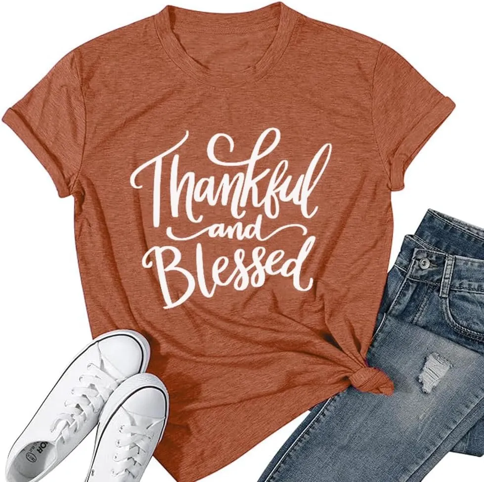 Thanksgiving Shirts for Women Thankful and Blessed Tshirt Fall Graphic Tees Casual Short Sleeve Tops