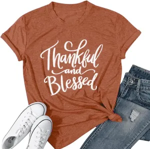 Thanksgiving Shirts for Women Thankful and Blessed Tshirt Fall Graphic Tees Casual Short Sleeve Tops